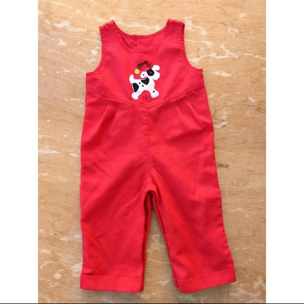 3/$15 Vintage Nannette red dog overalls 18-24m